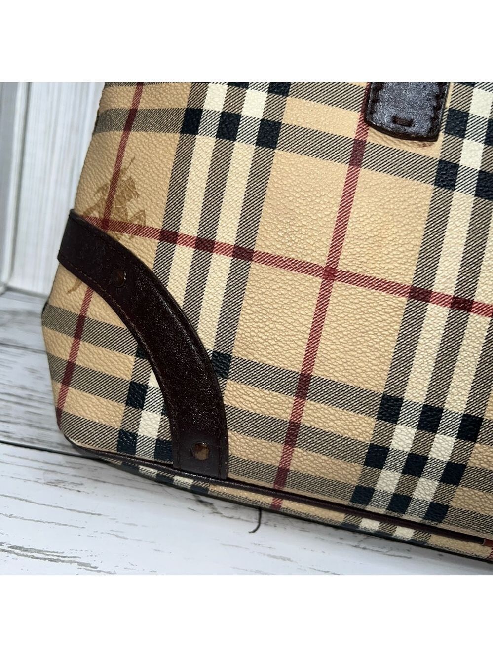 Burberry London Tote Bag Nova Check Plaid Canvas Leather Trim Shoulder Bag - Picture 2 of 16